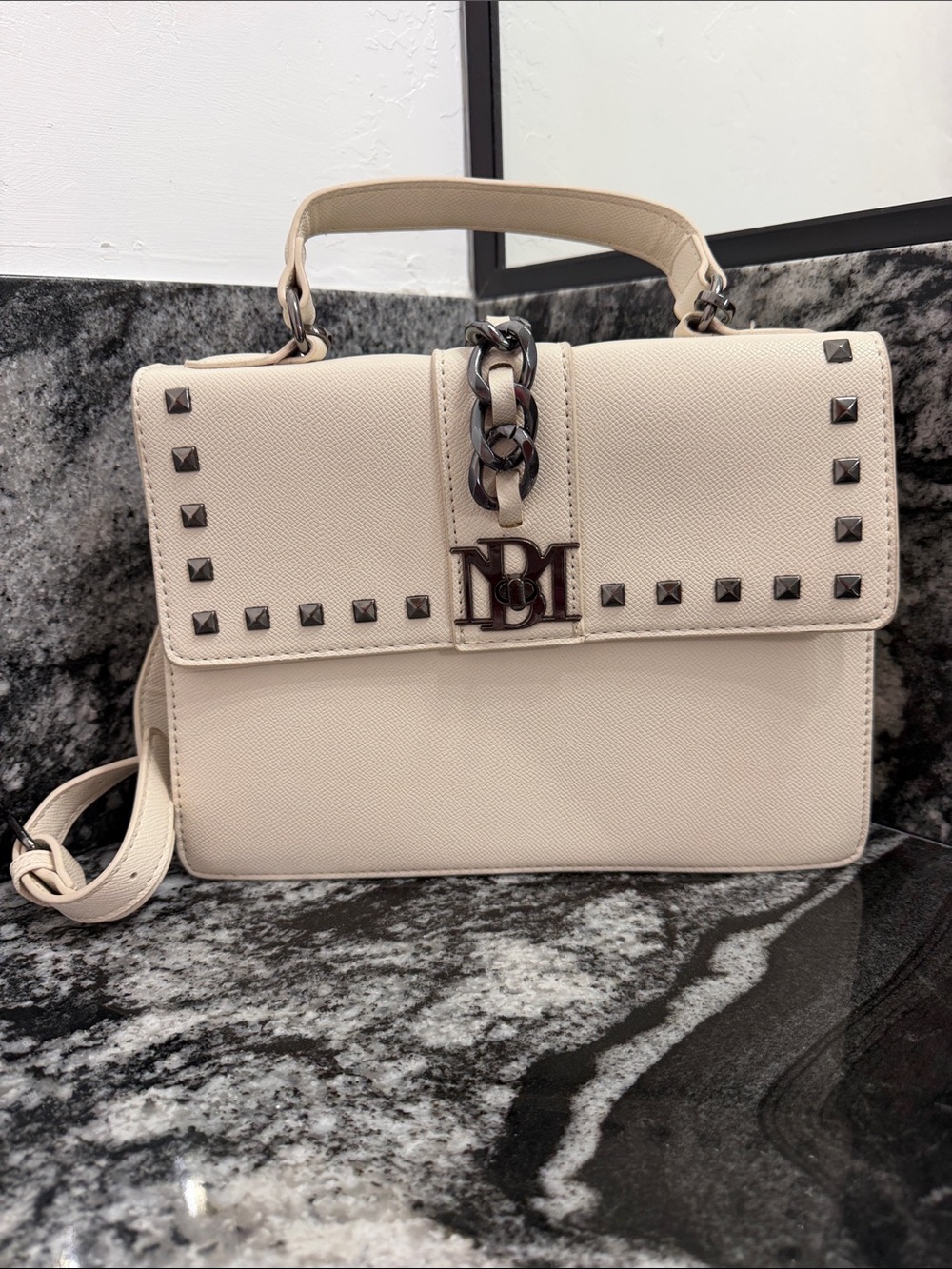 Cream Top-Handle Studded Shoulder Bag